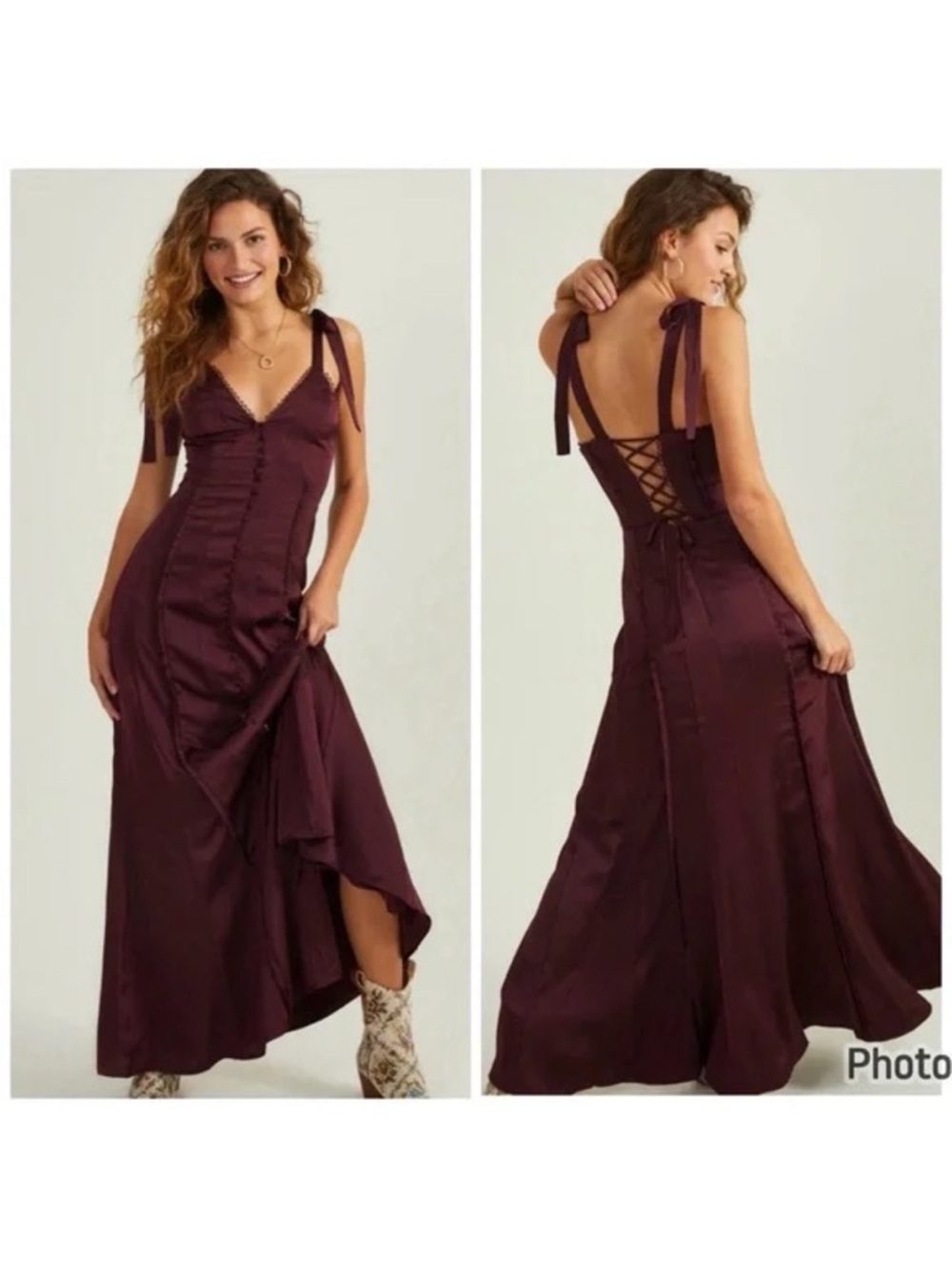 NWT Altar’d State Tie-Shoulder Burgundy Maxi Dress with Lace-Up Back